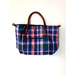 Woman Within Womens Tote Blue Plaid XL Fabric Zip Close Purse‎ Included NEW